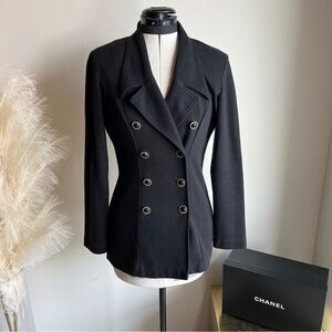 Moda Intl black stretch knit double breasted blazer vintage 80s 90s